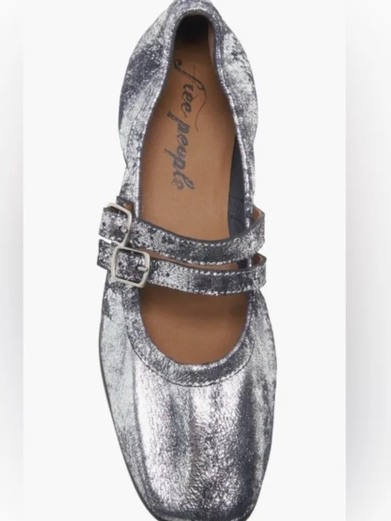 Silver Metallic Mary Jane Ballet Slippers, Flat with Double Buckle