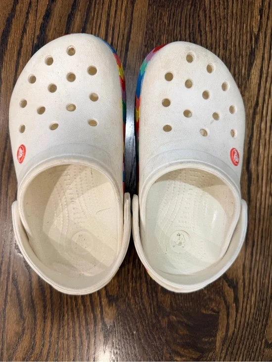 CROCS Kids White Clogs with Rainbow Side Hearts
