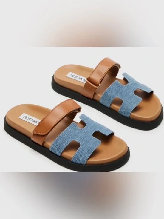 Steve Madden “Mayven” Light Blue Denim and Tan Leather Slide Sandals