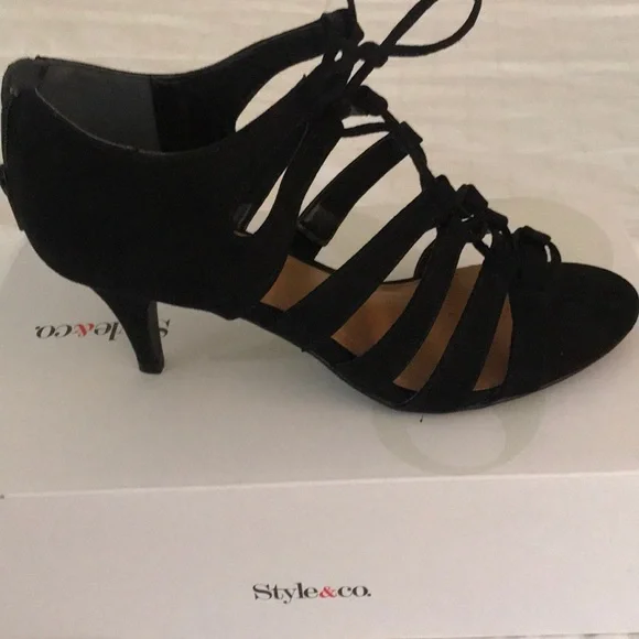 Style & Co. Black Strappy Lace-Up Heeled Sandals