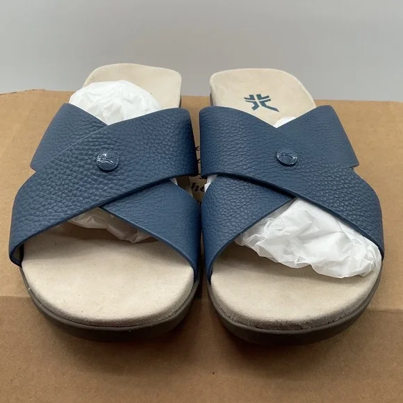 Kuru Footwear Blue Leather Criss Cross Slide Sandals Comfort Arch Support 9M