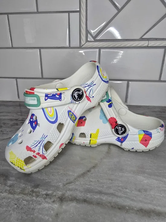 Crocs Classic Kids Clog White Colorful Print Sz C9 Toddler Shoes