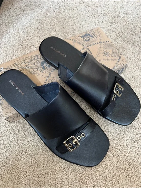 Free People Mila Minimal Black Leather Flat Sandals with Gold Buckle