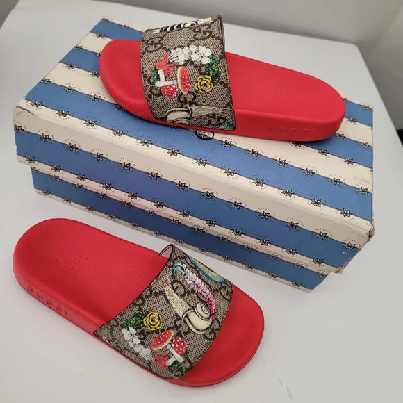 Gucci Kids Red Logo Canvas Floral Slide Sandals