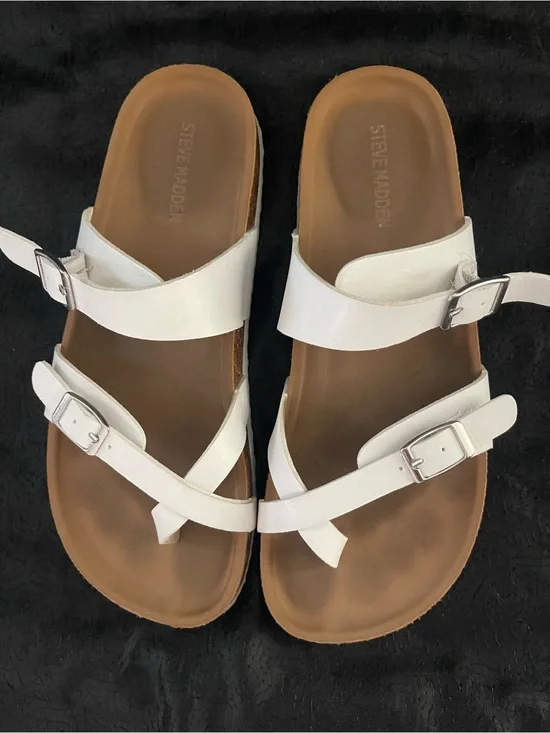 Steve Madden White Leather Double-Buckle Slide Sandals