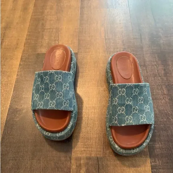 Gucci GG Denim Platform Slide Sandals Women's Size 7.5 Made in Italy
