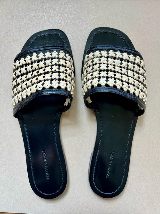 Tory Burch Black and Cream Woven Slide Mules