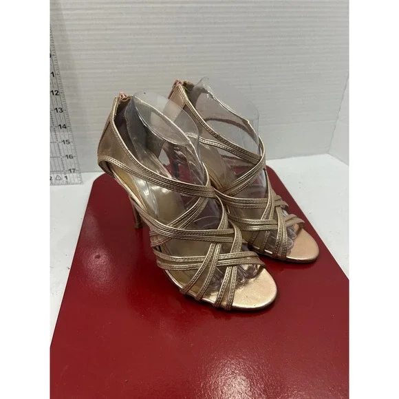 Fioni Metallic Strappy Sandals 7.5 Rose Gold Mesh Stiletto Formal Glam Evening