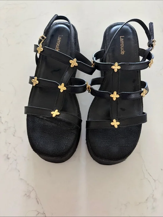 Larroude Black Harmony Sandals with Gold Flower Accents