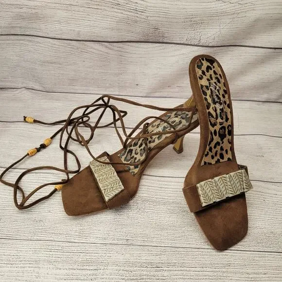 Michael Antonio Brown Suede Sandals w/ Ankle Wrap Tie Straps, 8.5
