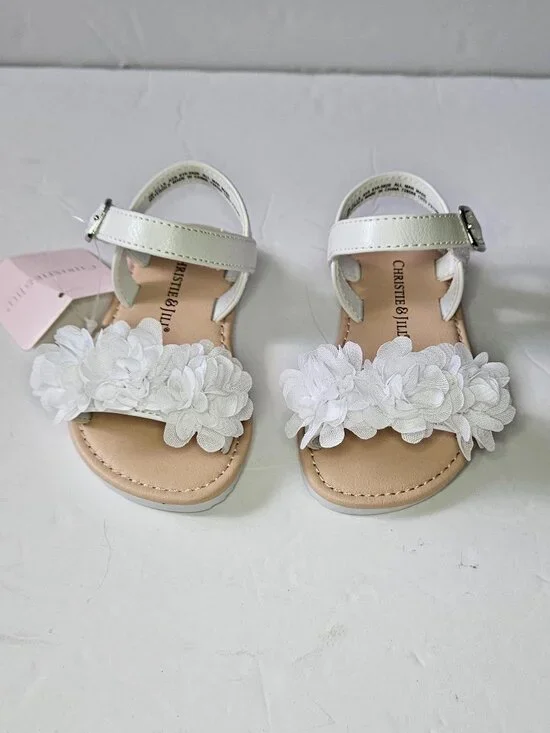 Christie & Jill White Floral Girls Ankle Strap Flat Sandals Toddler Size 5