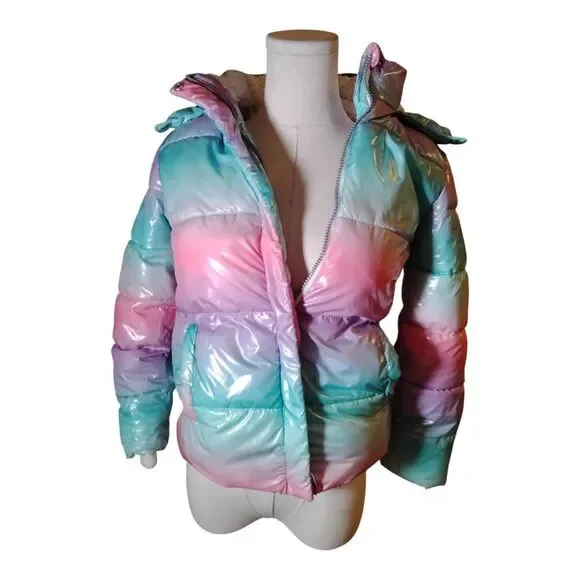 Girls Justice Pastel Rainbow Metallic Parka Jacket Size Small 7/8