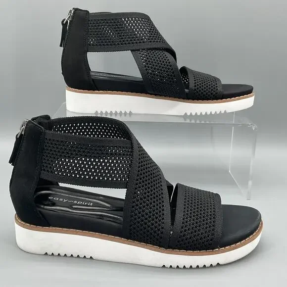 NEW Easy Spirit Women’s Wander Strap Wedge Sandals Black Size 11M