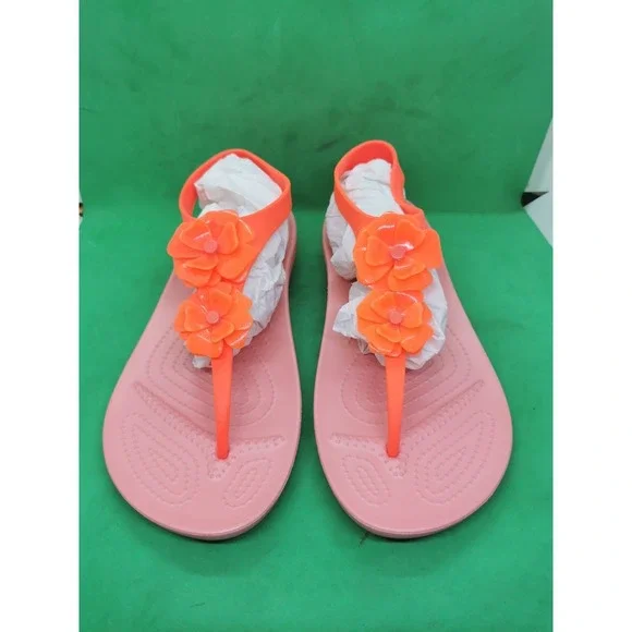Crocs Serena Flower Embellished Flip Sandal Womens Siz 11 Bright Coral/Melon NEW