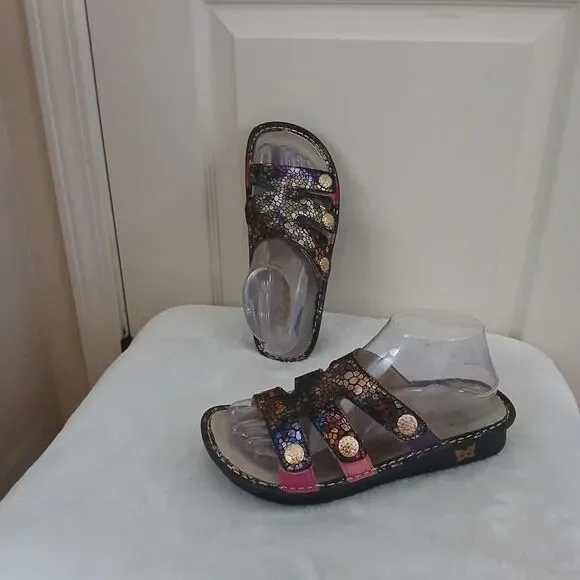 Alegria Fiona Multicolor Mosaic Leather Chunky Slide Sandals EU 37 Boho Dopamine