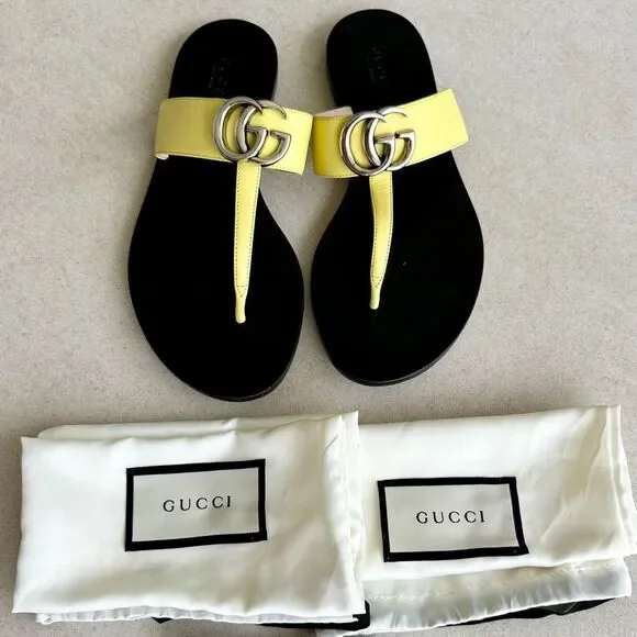 Gucci GG Marmont  Flip Flop Sandals Pastel Yellow Flat Thong Slides EU36.5 US6.5