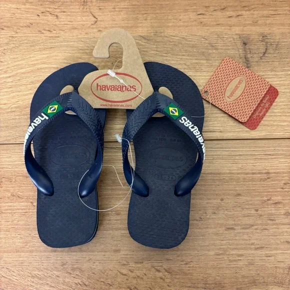 NEW HAVAIANAS Brazil Logo Flip Flops Navy Blue Kids Size 10C Summer Rubber