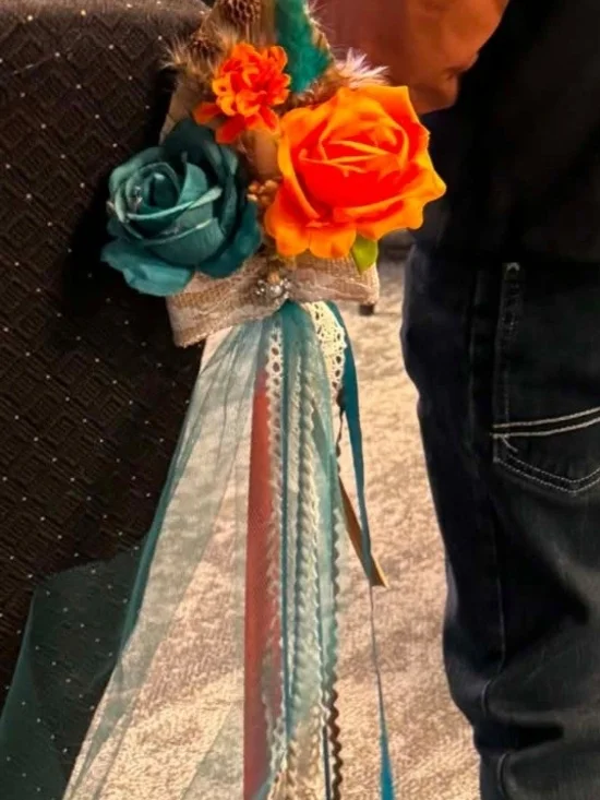 Handcrafted Wedding Isle Teal and Orange Floral Ribbon Accent - Home Accents