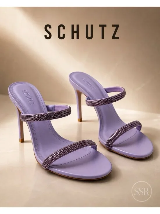 Schutz Taliah Crystal Sandals Light Amethyst Leather Heels NWOB Brazil 10B