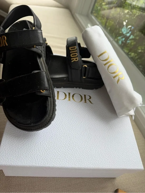 Dior Black Leather Logo Strap Sandals with Gold Accents