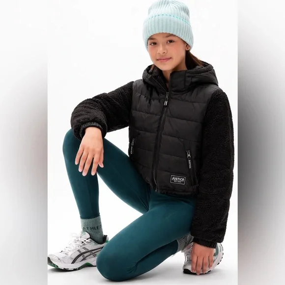 🔥HOST PICK 🔥 Justice Girls Black Puffer Sherpa Jacket Coat L 12/14