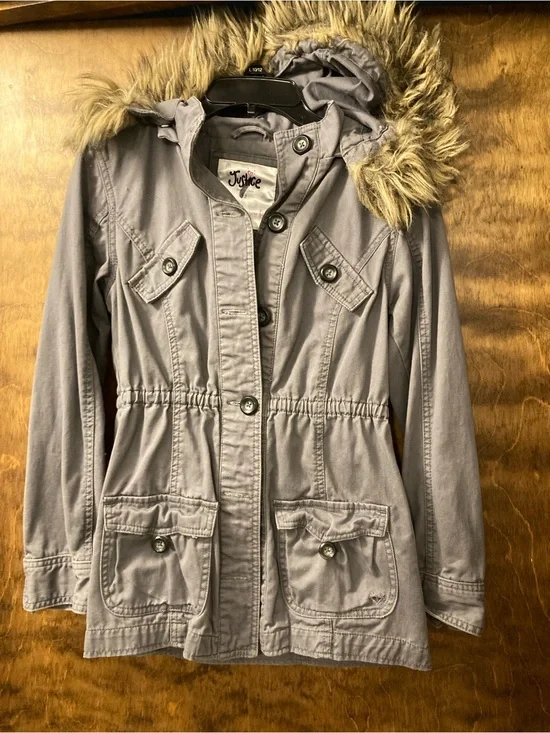 Justice Girls Light Gray Hooded Utility Jacket with Faux Fur Trim