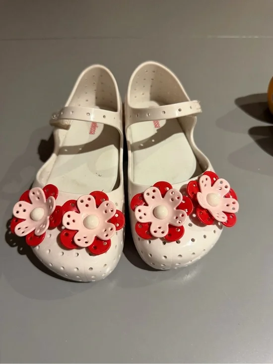 Mini Melissa White Mary Jane Sandals with Pink & Red Flower Accents