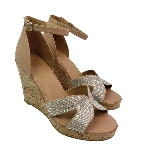 Material Girl Bretta Womens Size 9.5 Nude Bling Open Toe Cork Wedge Sandal Shoes