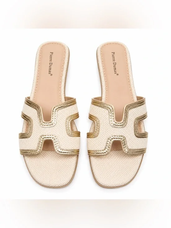 Pierre Dumas Women’s Gold and Cream Woven H-Cutout Slide Sandals.  Size: 8.5
