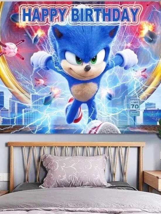 NEW SONIC MOVIE HAPPY BIRTHDAY PARTY BANNER BACKDROP + RECTANGLE TABLE TOP COVER