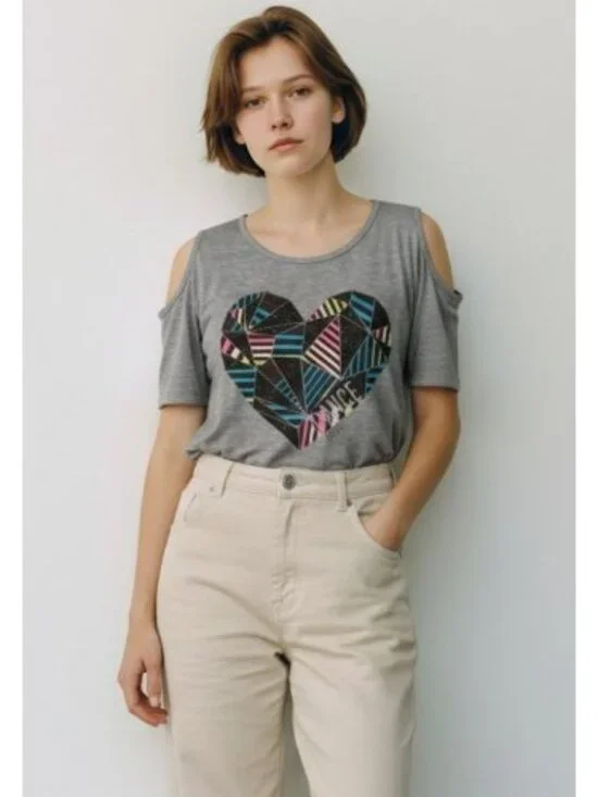JUSTICE ACTIVE Gray Sparkly Heart Open Shoulder Top Girls Size 7