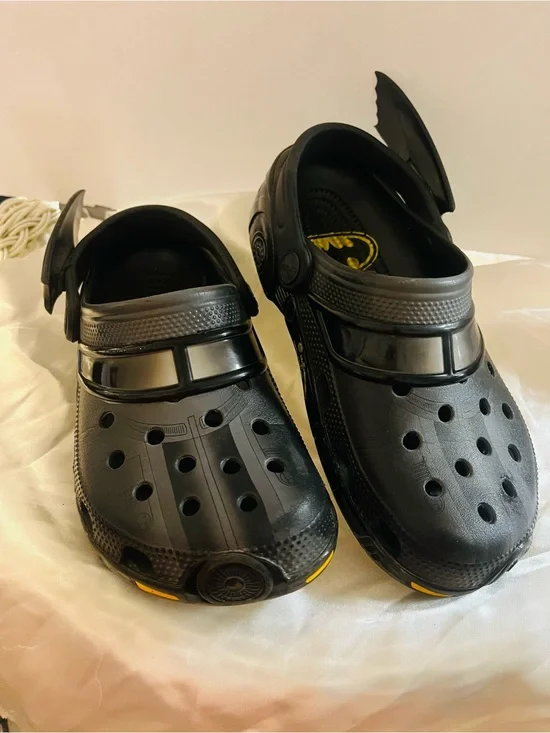 CROCS Black Kids Bat-Detail Clogs with Yellow Logo