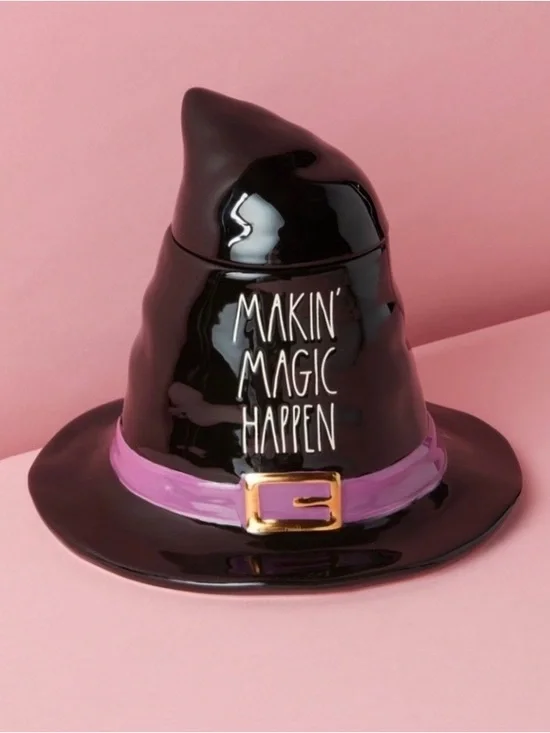 🩷 New Rae Dunn Black Witch Hat Treat Jar with Purple Band - Makin' Magic Happen