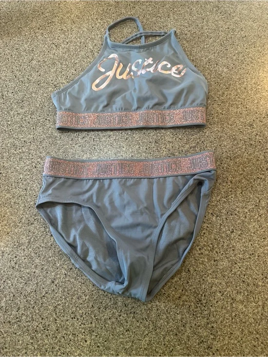 Justice Girls Two-Piece Swim Set in Gray with Pink Logo