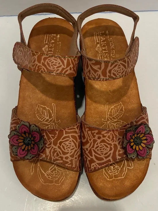 L'ATISTE by Spring Step Cuteness Leather Floral Wedge Sandals