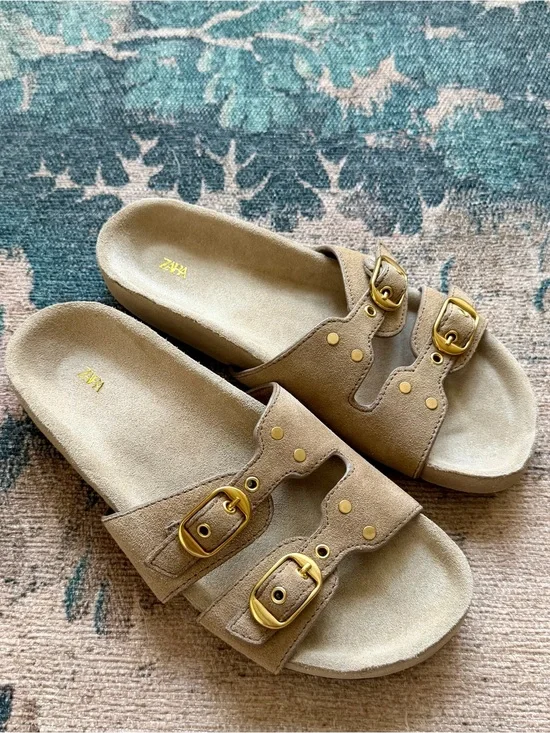 Zara Suede Leather Buckle Strap Studded Sandals in Camel Tan - 7.5