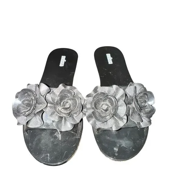 Melissa Babe Garden Slides Women's Size 6 Black Floral Slip On Shoe Sandals