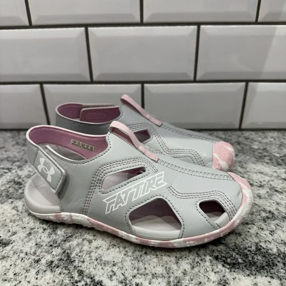 NEW Under Armour PS Fat Tire Defender‎ SL Girls Sandals, Size 2Y, Gray, Pink
