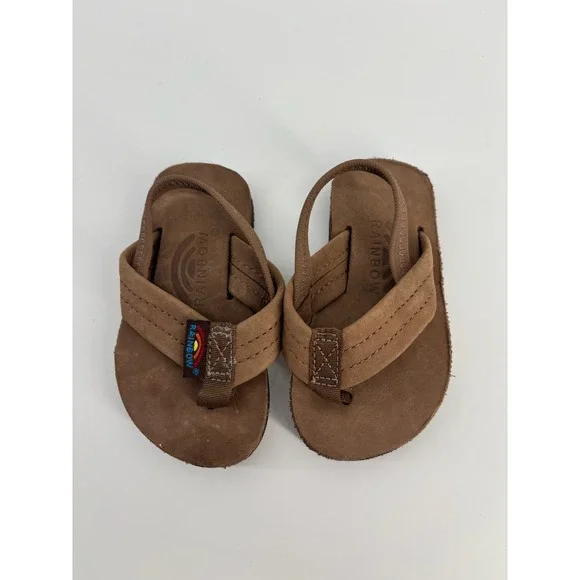 Rainbow Sandals Kids Brown Leather Double Layer Flip Flops with Backstrap