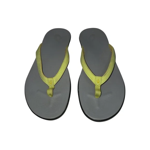 OluKai Ho'opio Womens Flip Flops Grey Yellow Sandals 20294-PZPG Size 7