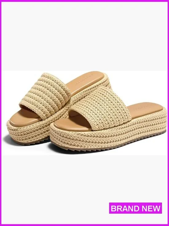 Raffia Platform Espadrille Sandals Boho Summer Slide Open Toe Wedge Slip On