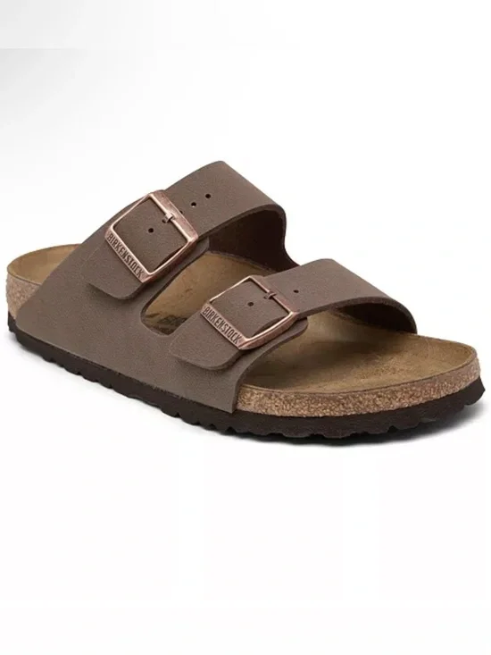 Birkenstock Arizona Two-Strap Sandal in Mocca with Rose Gold Buckles