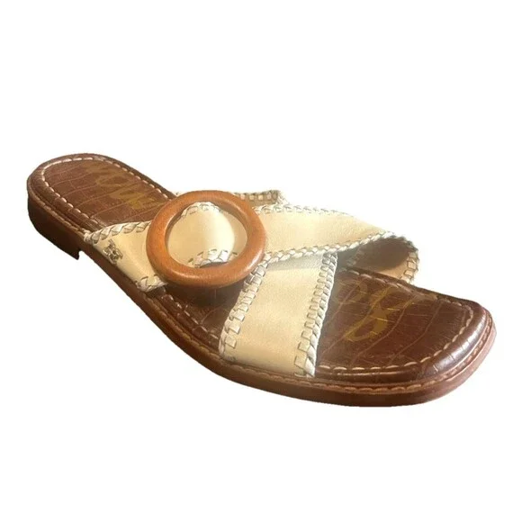Sam Edelman Harlie Womens 8M Leather Crisscross Ivory Brown Slides Sandals