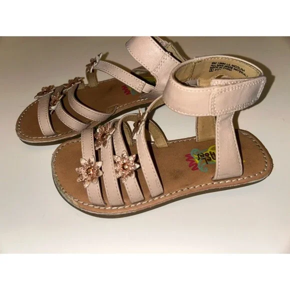 Rachel Shoes Little Girls Beige Sandals with Golden Flowers Size 9 Preowned