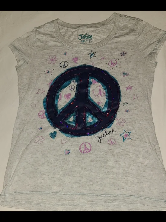 Justice Light Gray Tee with Navy and Teal Peace Sign