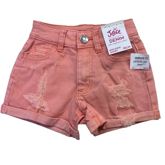 Justice Denim Mini Mom Soft Comfy Stretch Peach Distressed Shorts 6 Slim NWT