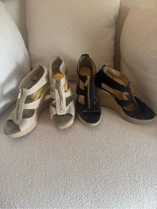 Michael Kors Sandals Womens Size 8.5 Black and Tan Linen Espadrille Zip Wedges