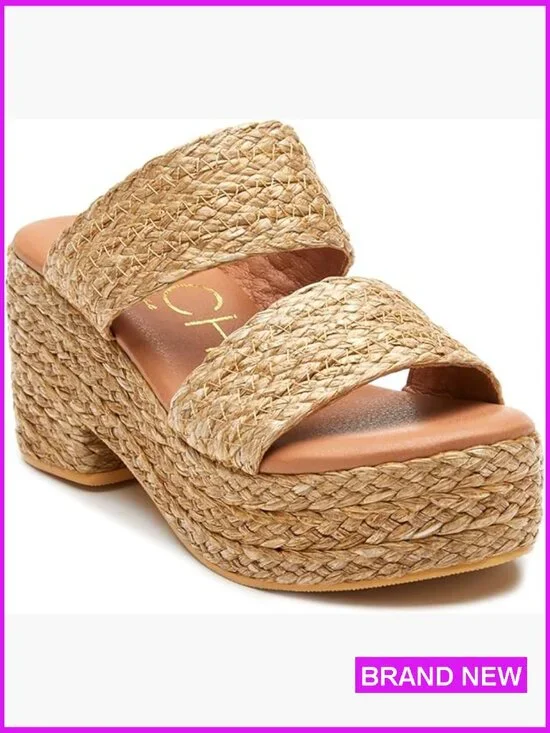 Woven Raffia Platform Slide Sandals Block Heel Summer Beach Vacation