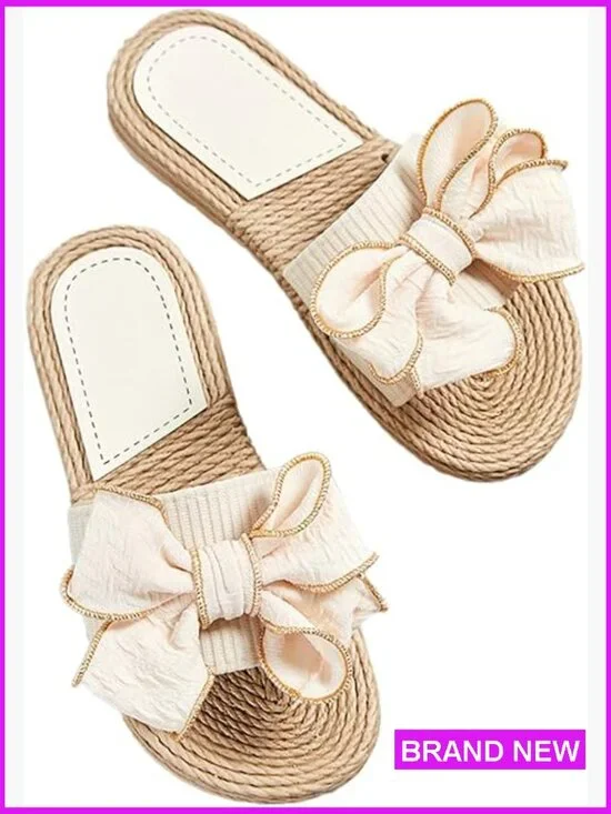 Straw Bow Flat Sandals Slide Slippers Summer Casual Outdoor Travel Dressy Chic