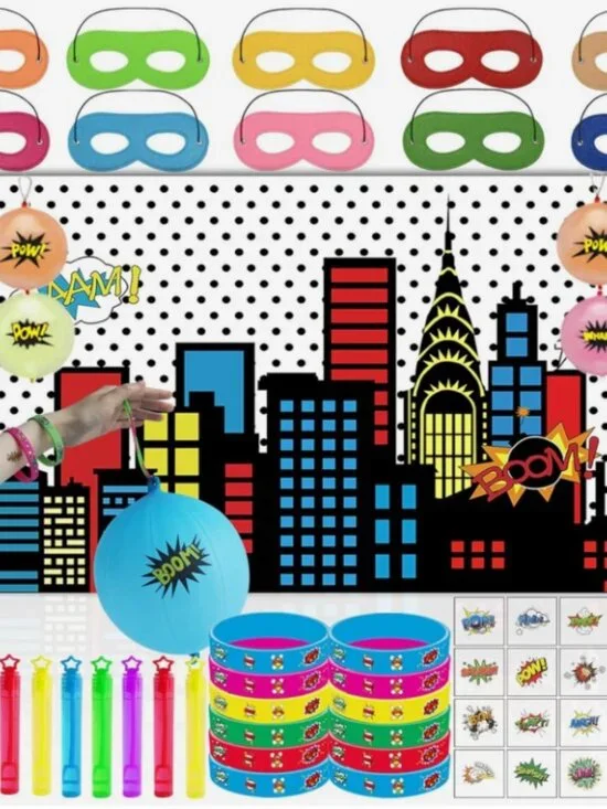 63 Pcs Super Hero Party Favors with City Hero Theme Backdrop for Birthday